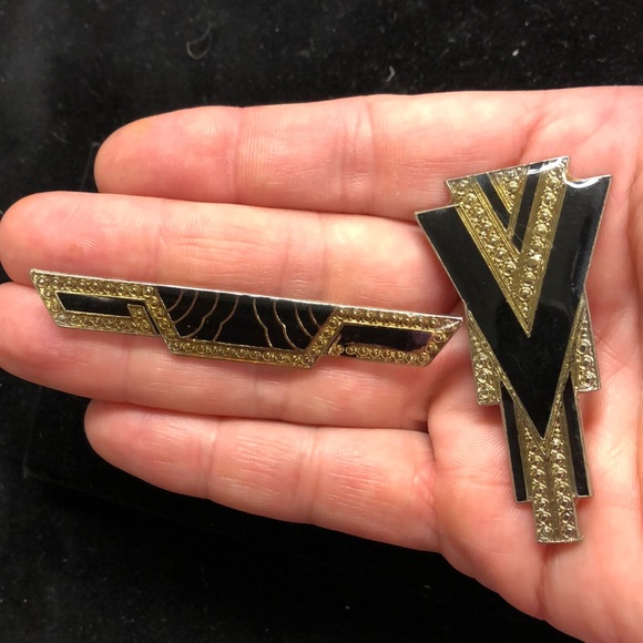 Retro Deco Style Black Enamel Rhinestone Brooches (2) - Picture 2 of 14